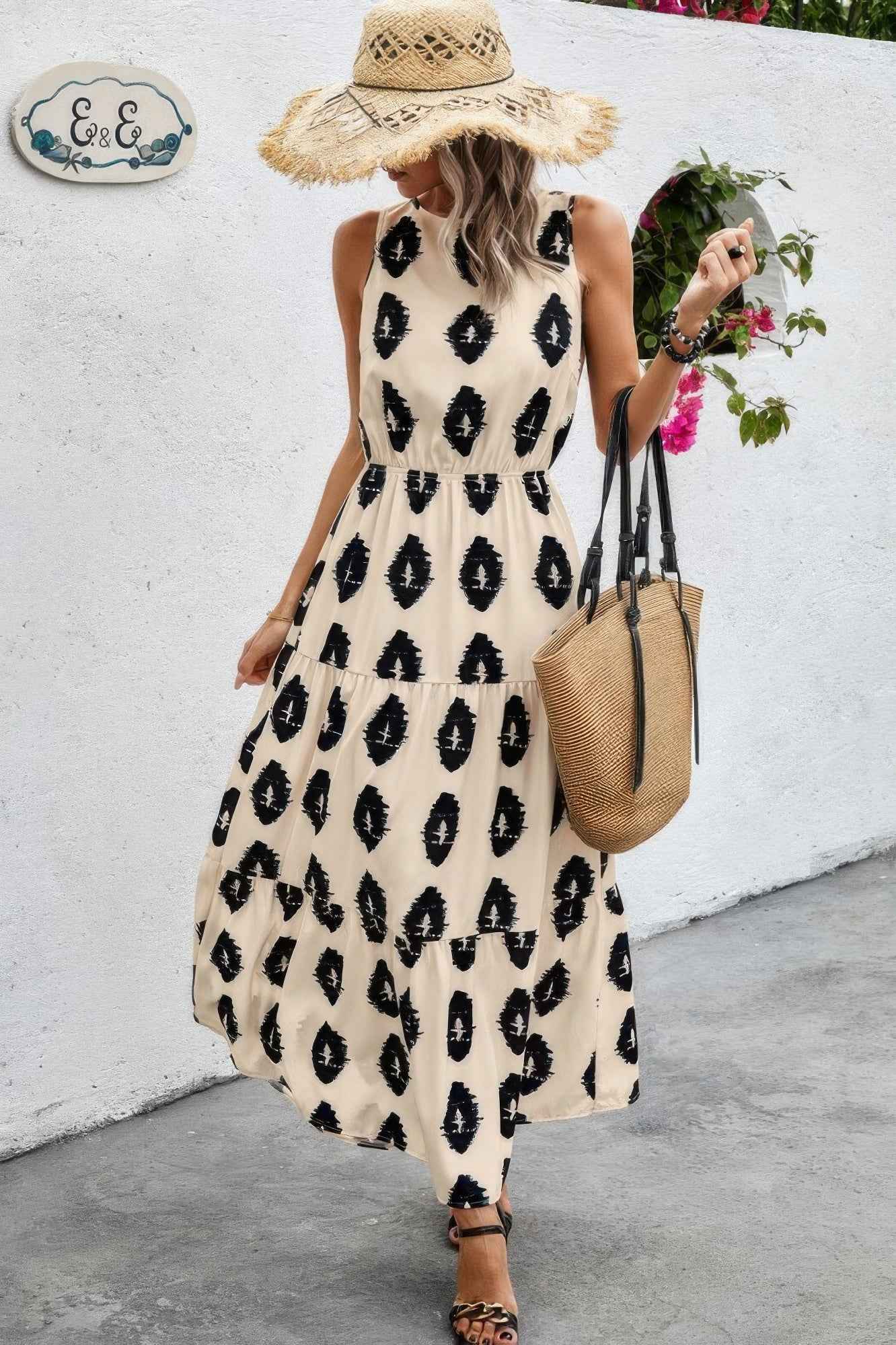 Sleeveless Printed Elastic Waist Ruffle Full Dress