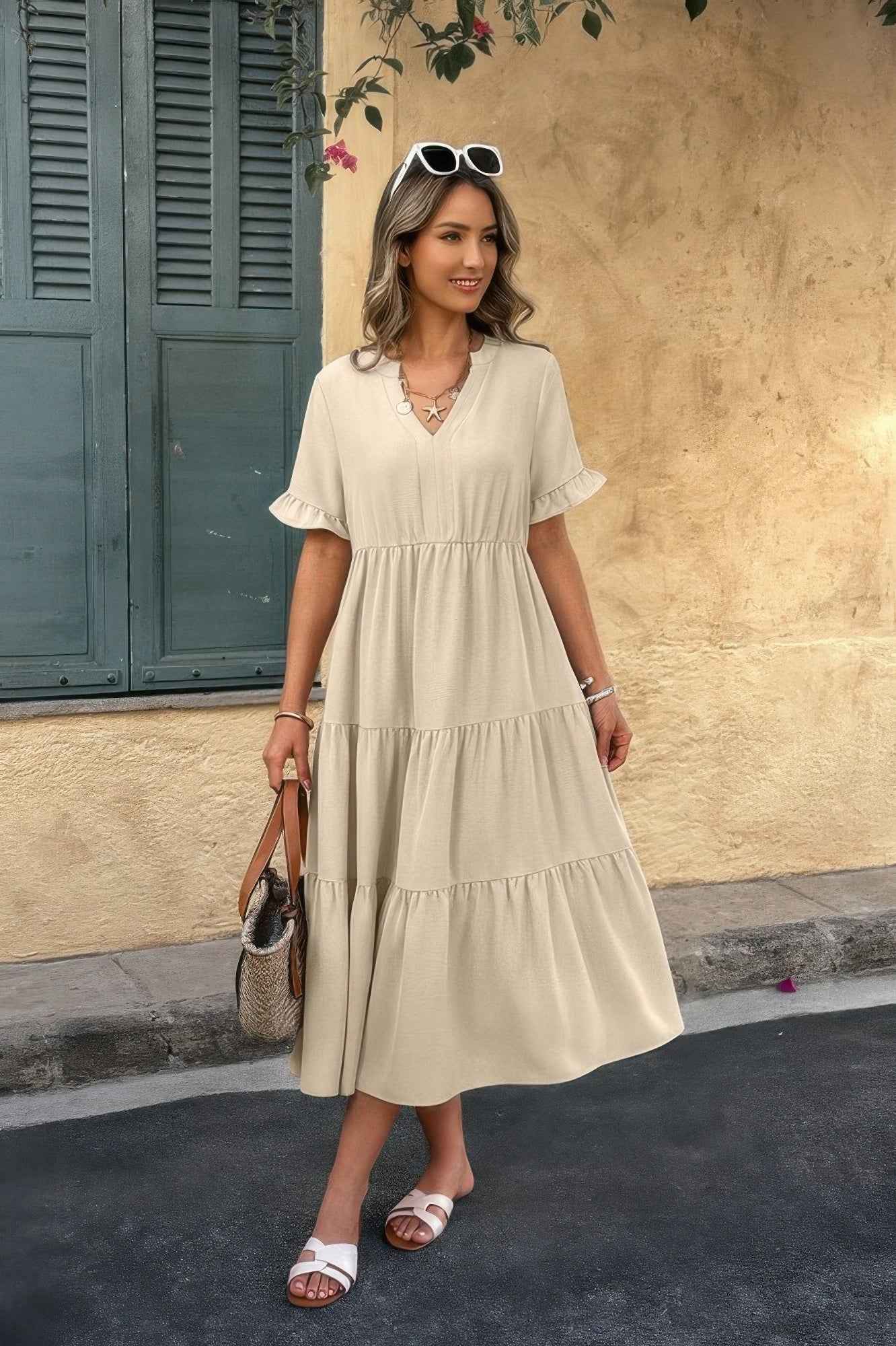 Solid A Line Ruffle Hem Color Block Dress