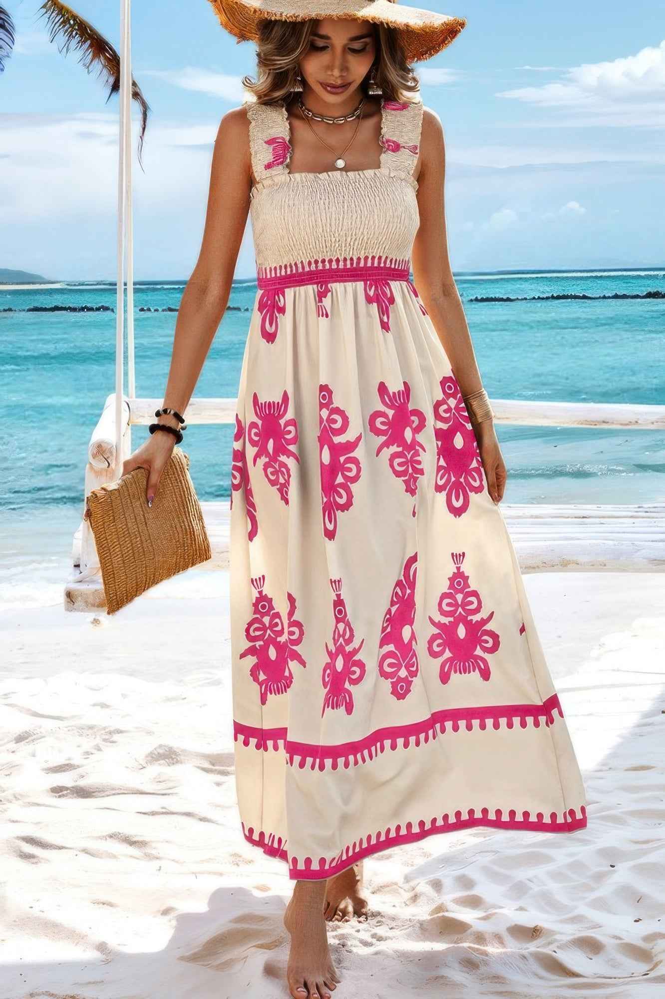 Sleeveless Square Neck A Line Smocked Shirred Dress