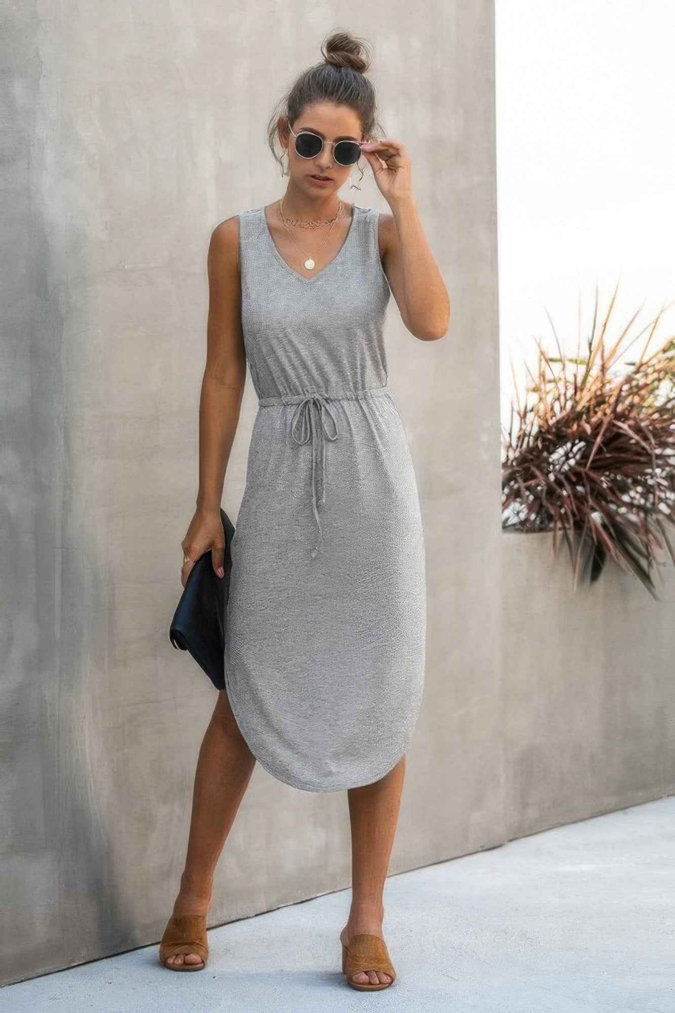 Solid Sleeveless Slim Waist V Neck Midi Dress