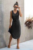 Solid Sleeveless Slim Waist V Neck Midi Dress