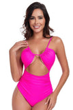 One Piece Solid Ruched Strap Cut Out Swimsuit