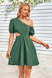 One Shoulder Puff Sleeve Fit Flare Short Dress