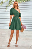 One Shoulder Puff Sleeve Fit Flare Short Dress
