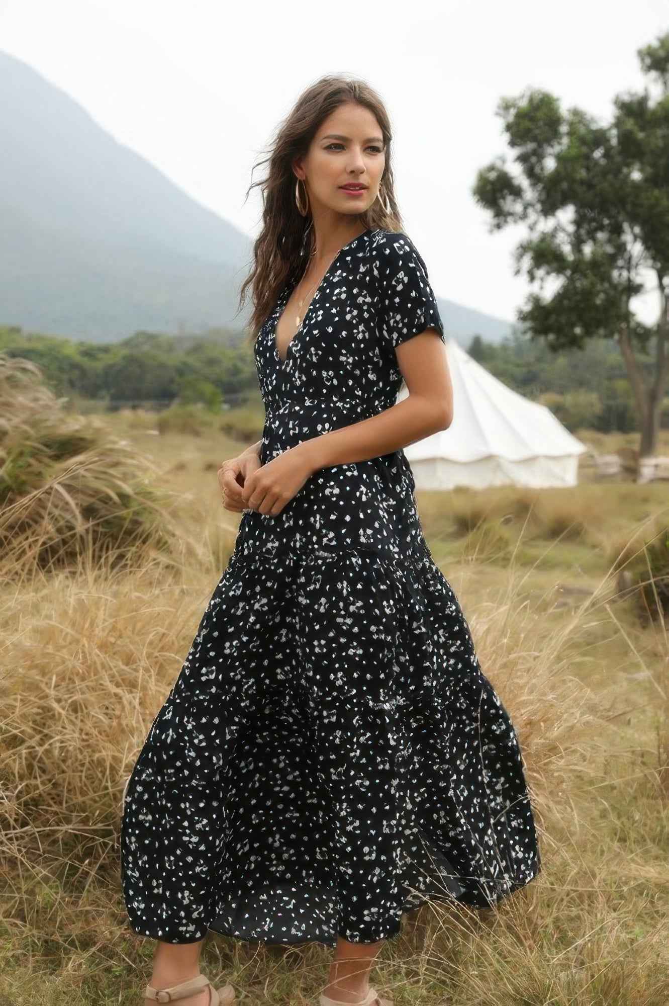 Elegant Floral Ruffle Deep V Neck Slit Dress