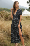 Elegant Floral Ruffle Deep V Neck Slit Dress