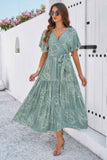 Allover Print V Neck Fit Belt A Line Long Dress