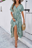 Allover Print V Neck Fit Belt A Line Long Dress