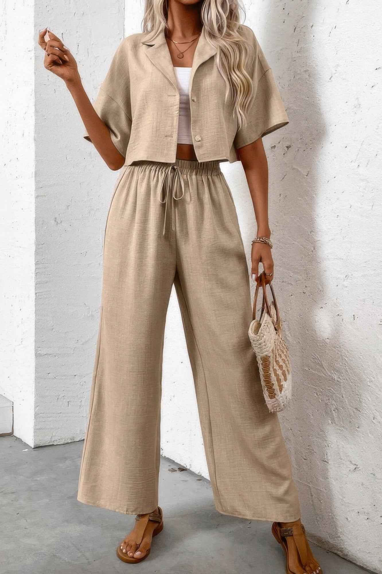 Drop Shoulder Tie Front Wide Leg Pant Set