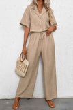 Drop Shoulder Tie Front Wide Leg Pant Set