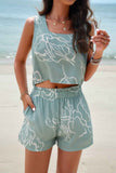 Allover Print Sleeveless Square Neck Elastic Sets