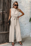 Solid Sleeveless Cut Out Back Belted Jumpsuit