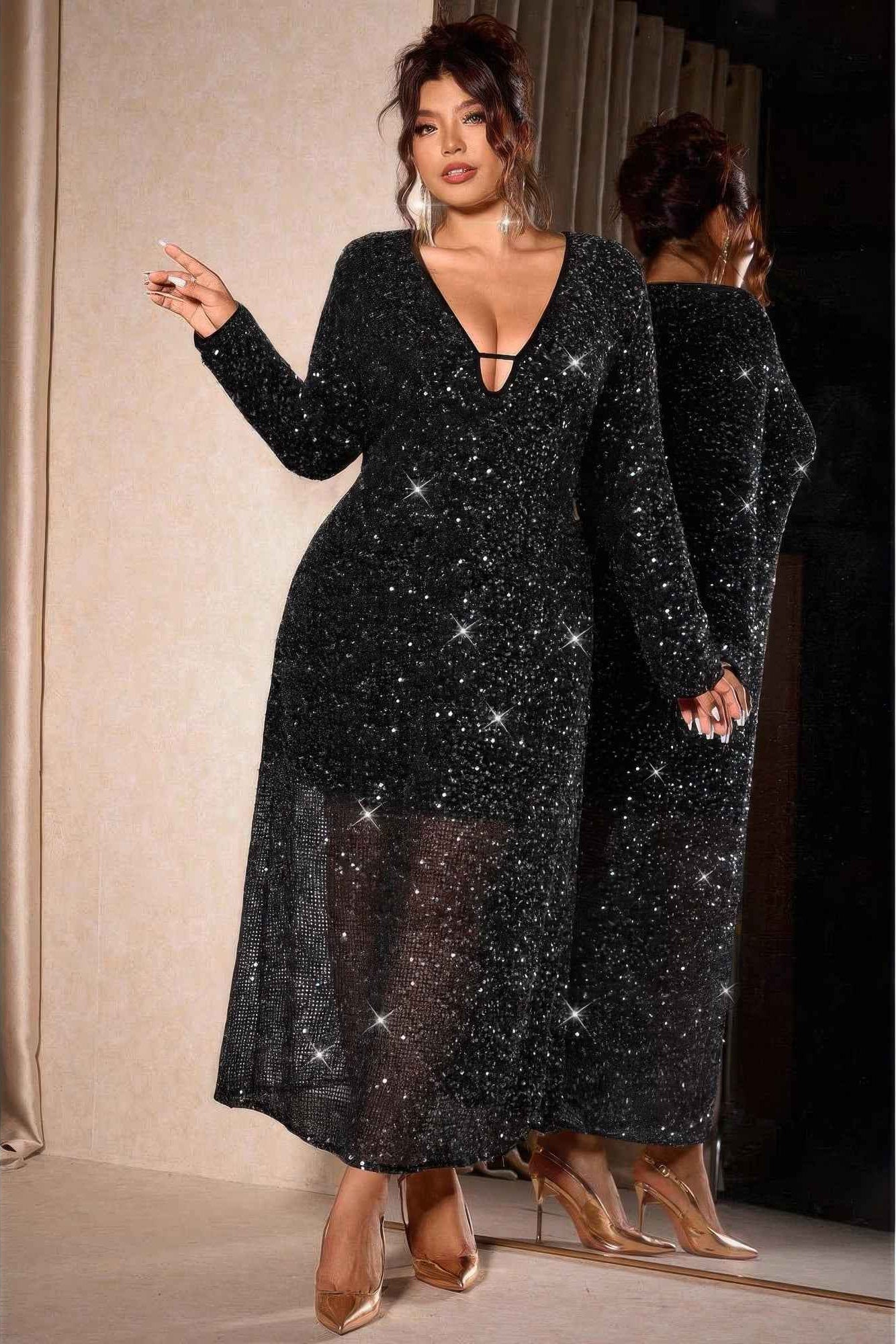 Plus Size V Neck Long Sleeve Sheer Glitter Dress