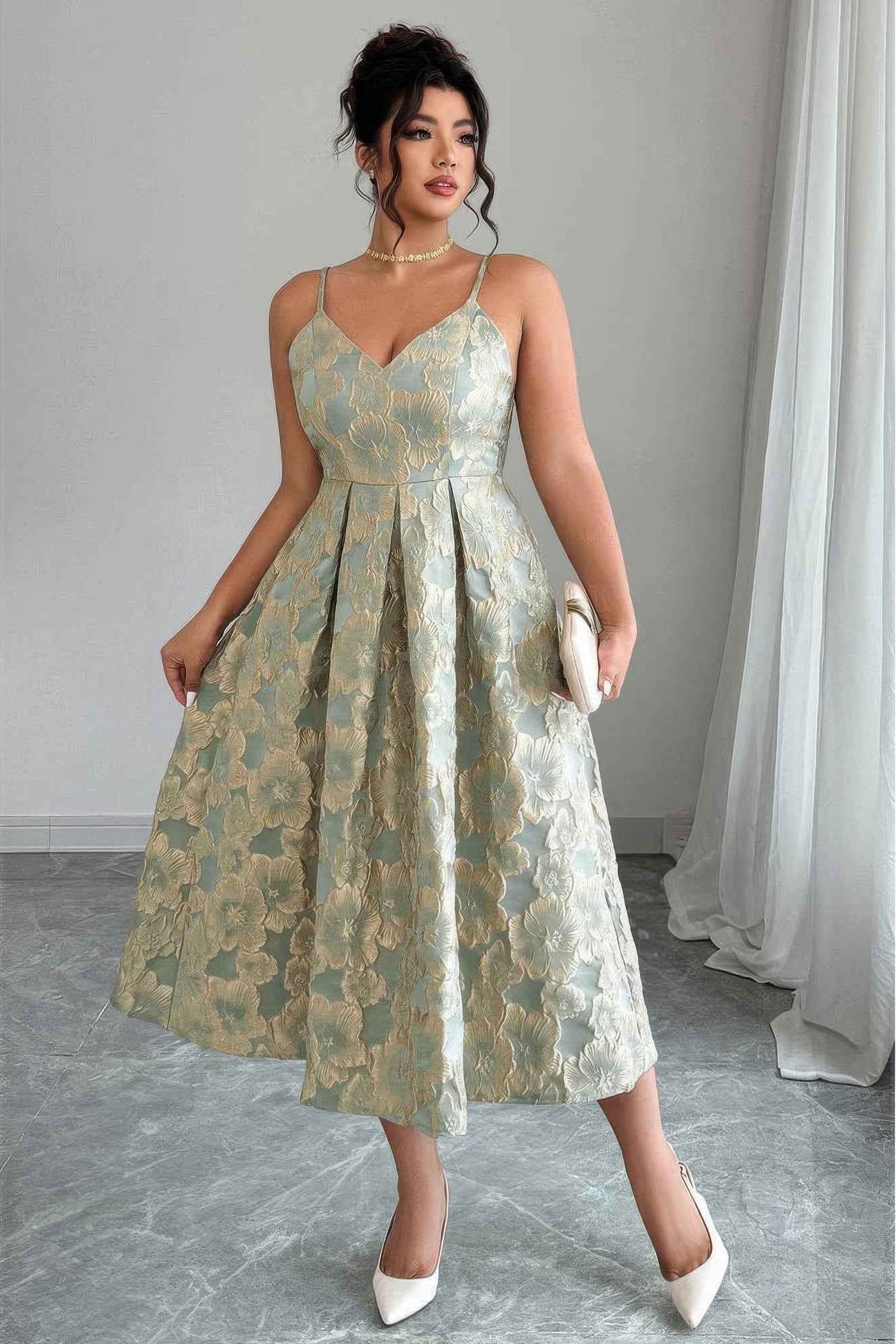 Plus Size Jacquard Elegant Spaghetti Strap Dress