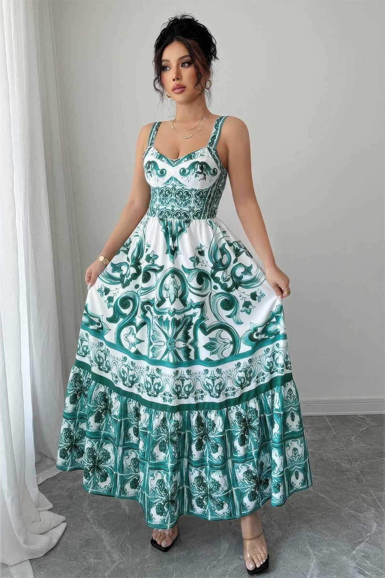 Sleeveless A Line Suspender Printed Long Dress