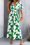 Button Geometric Print Belted Wide Leg Jumpsuit