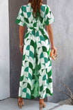 Button Geometric Print Belted Wide Leg Jumpsuit