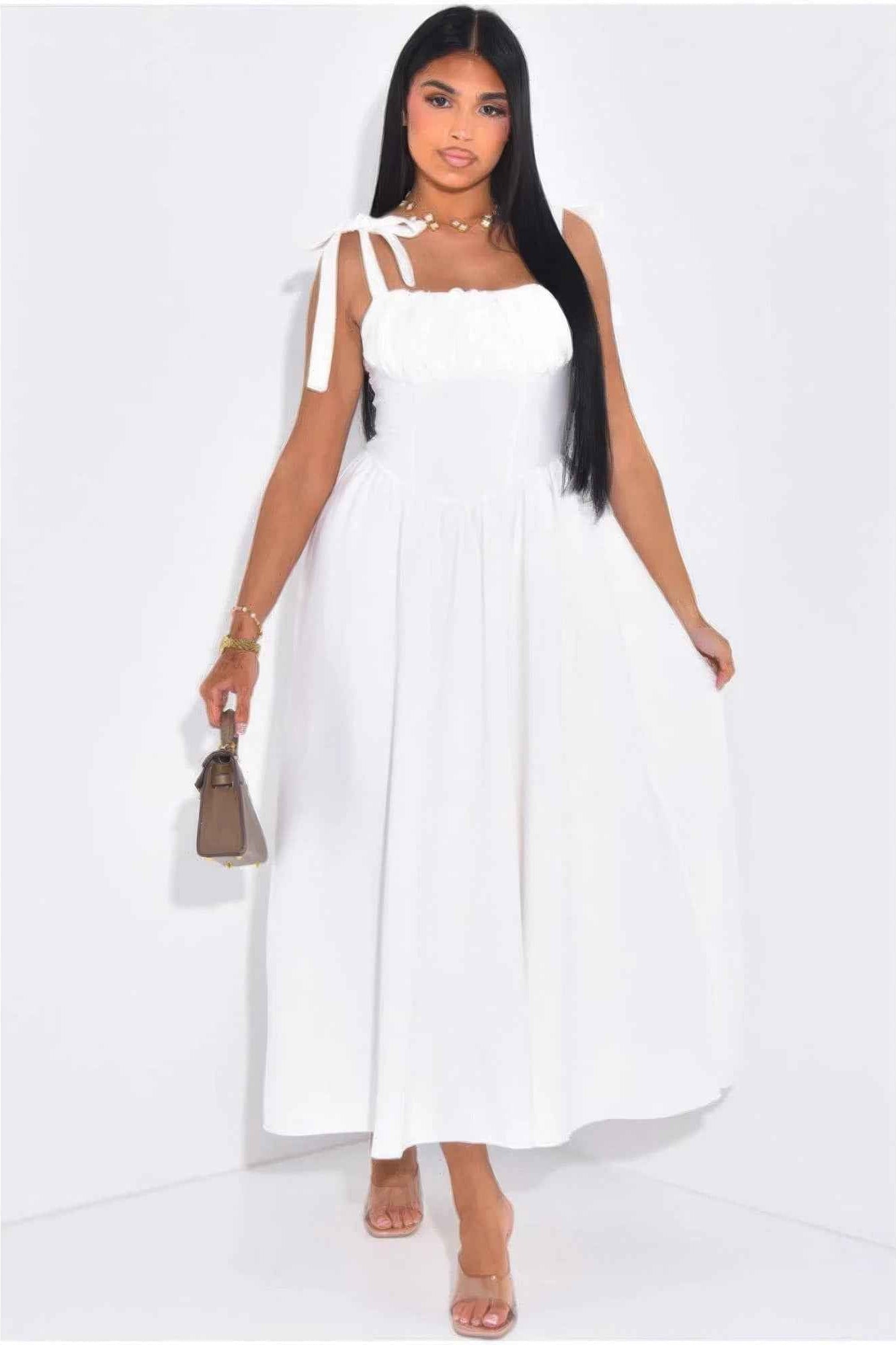 Solid Tie Straps Waist Corset Ruched Full Dress