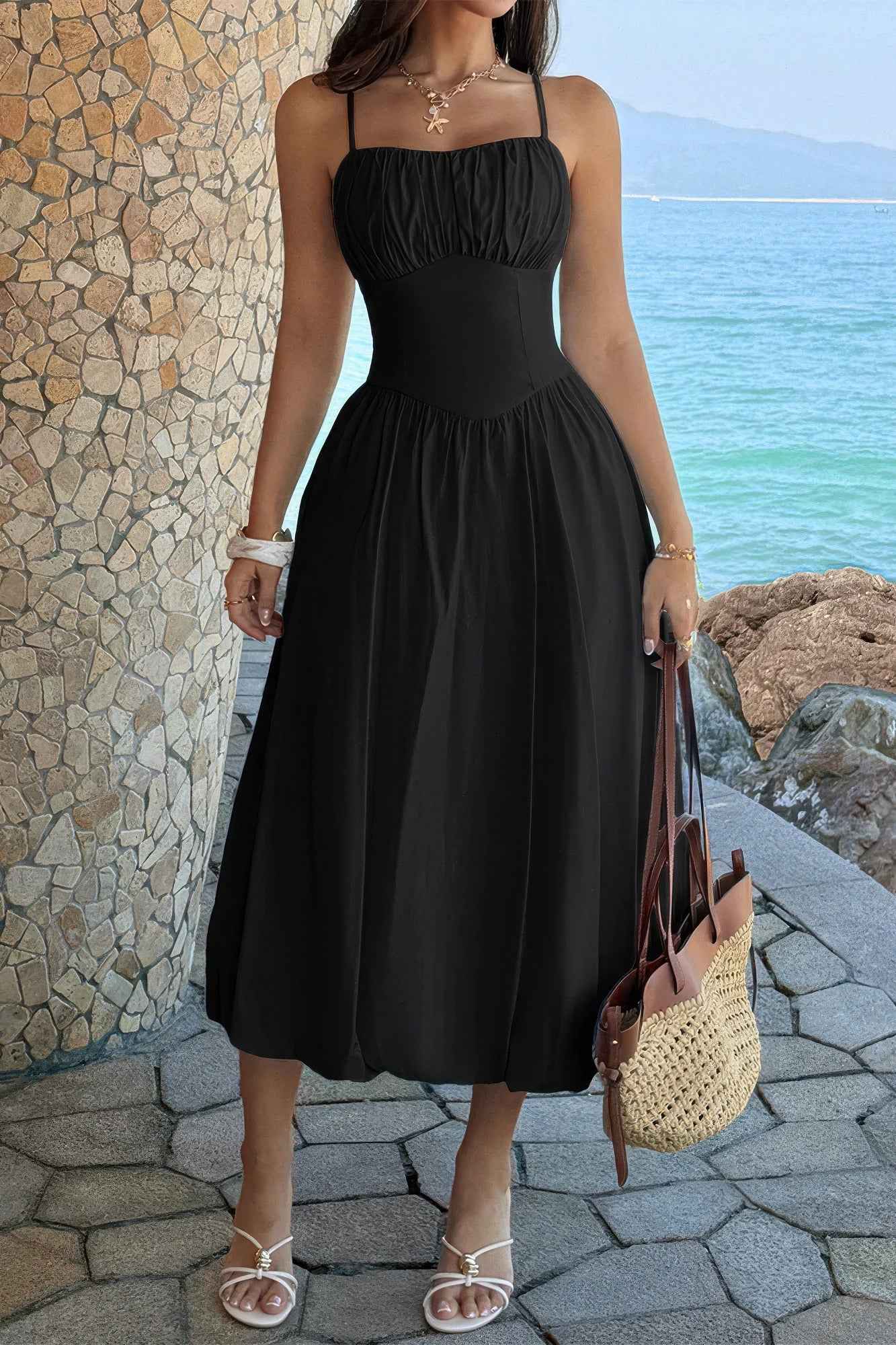 Solid Sleeveless Ruched Bust A Line Dress