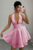 Halter V Neck Back Cross Knot Embroidery Dress