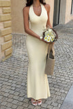 Solid V Neck Halter Maxi Back Split Dress
