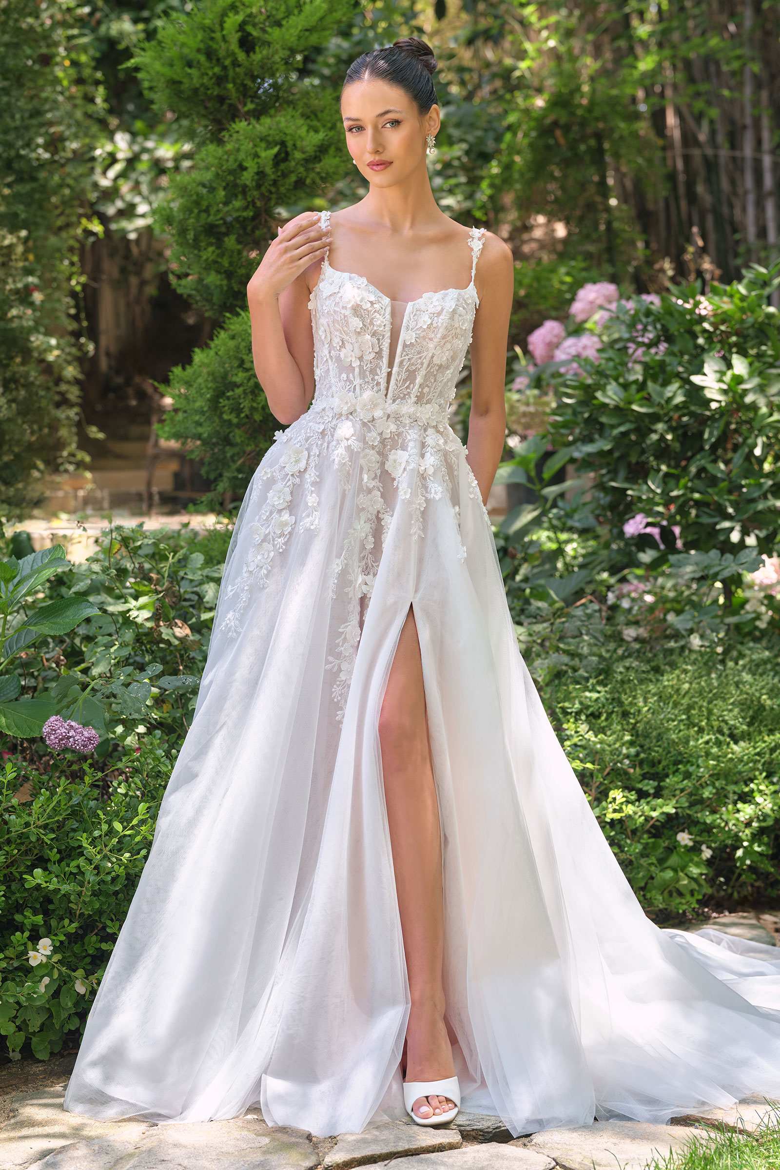 Andrea & Leo WL063 A-Line Wedding Gown Plunging Neckline Floral Straps