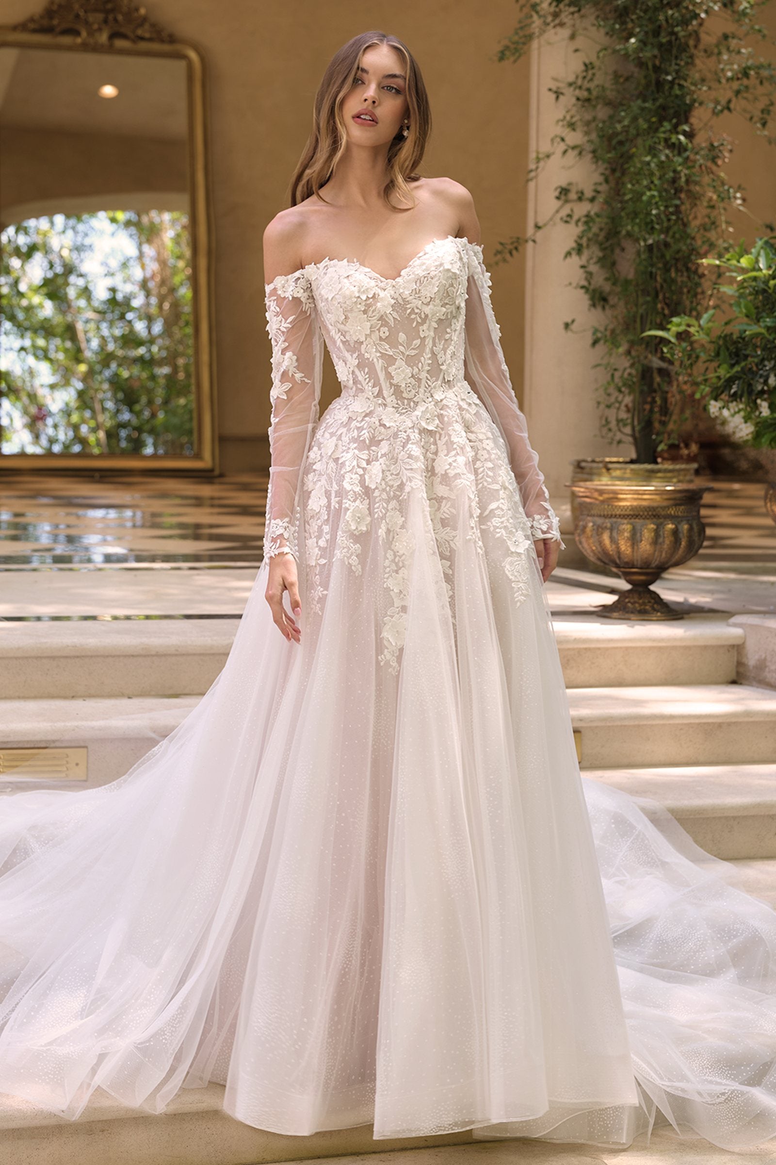 Andrea & Leo WL067 Off the Shoulder Sheer Illusion Sleeves Wedding Ball Gown Off White/Nude / 8
