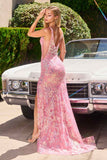 Ladivine Y038 Plunging Neckline Floral Beading Sequins Fitted Dress