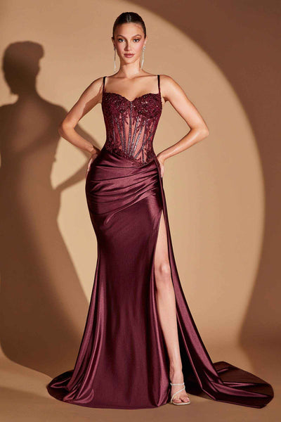 CLEARANCE - Ladivine CD868 Long Glamorous Lace Detailed Silver Gown Side Sash (Size 2)