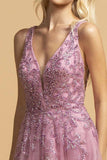 Aspeed USA L2263 V-Neck and Back Misty Lilac Beaded Long Prom Dress