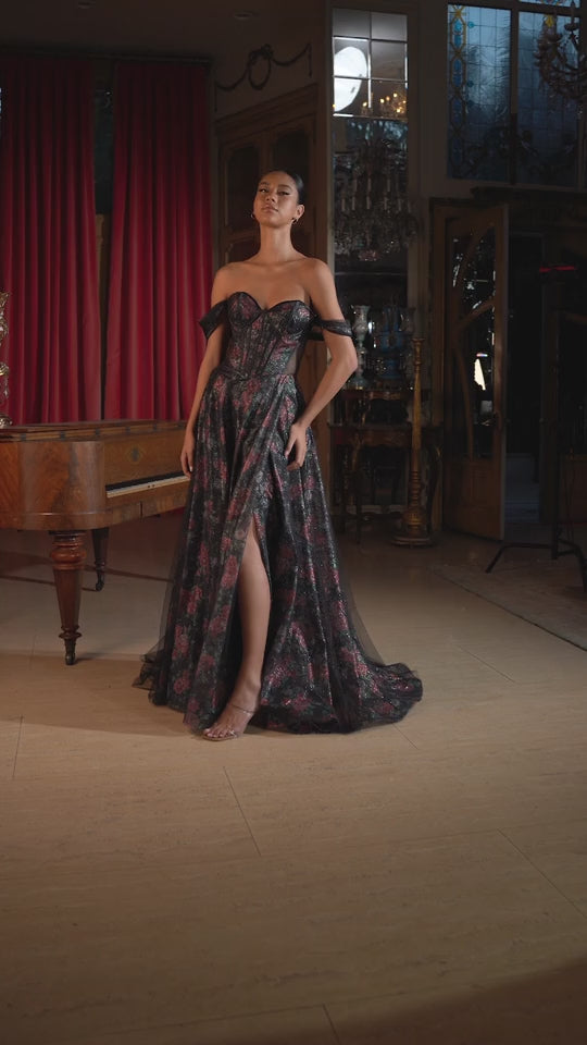 Ladivine CD806 Black Off The Shoulder Ball Gown With Floral Underlay - VIDEO