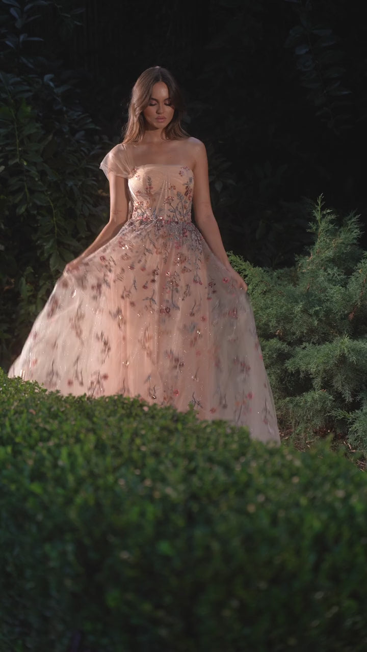 Andrea & Leo A1289 Long One Shoulder Floral Embroidered A-Line Gown - VIDEO