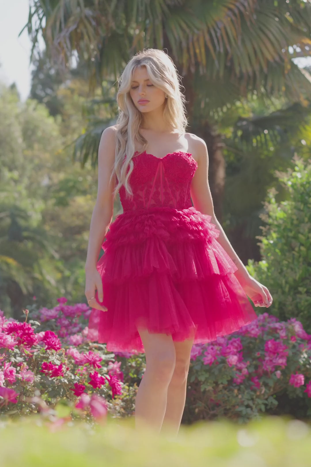 Juliet JT918S Dress Strapless Cocktail Leaf Lace Corset Bodice Ruffle Skirt - VIDEO