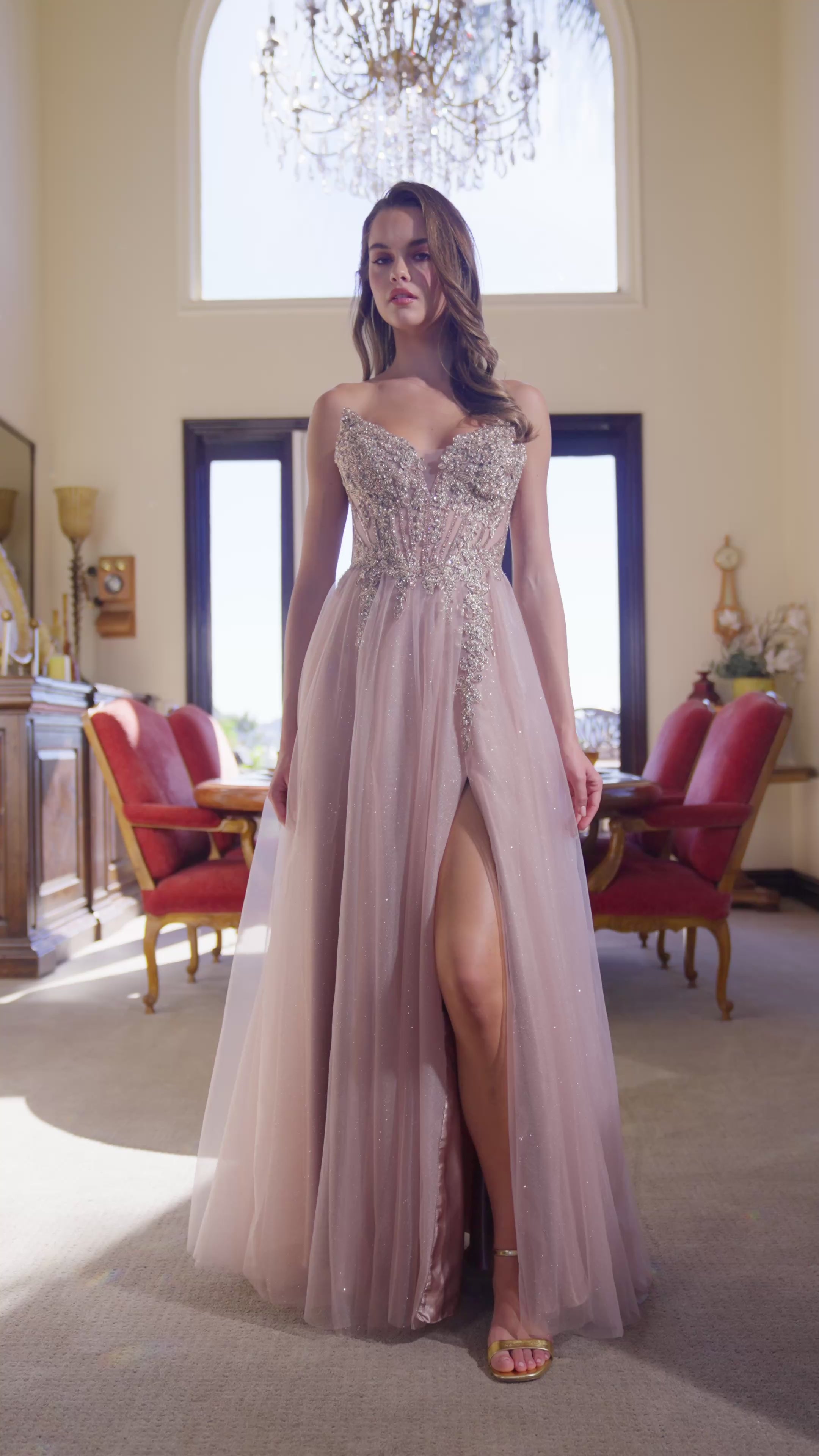 Nox Anabel C1843 Mesh A-Line Peaked Neckline Sequin Prom Ball Gown