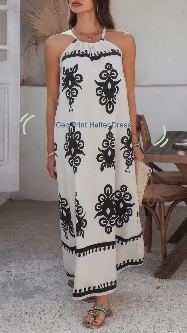 Geo Print Halter Sleeveless Loose Fit Dress
