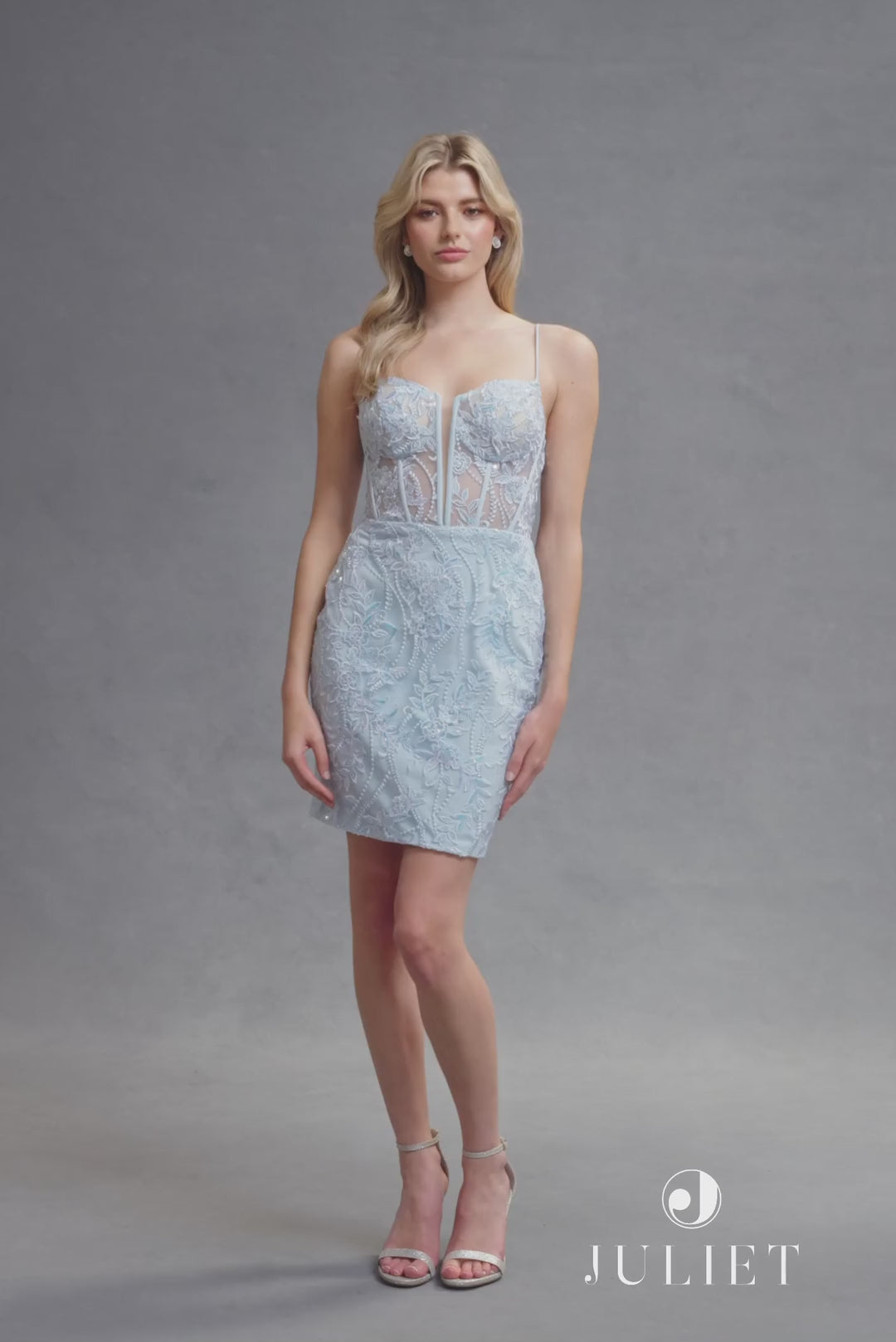 Juliet JT941R Dress Fitted Cocktail Gown with Leaf Lace Corset Bodice  - VIDEO