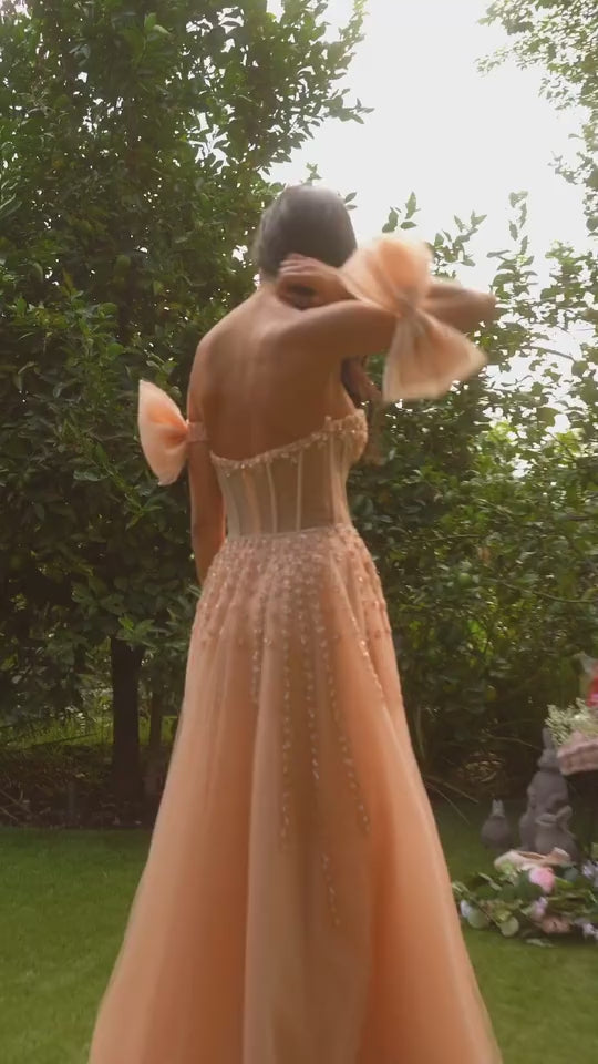 Andrea & Leo A1338 Long Strapless Beaded Gown with Bow Arm Bands - VIDEO