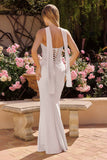 Amoris T732W Off-White Draped Corset Mermaid Gown with Scarf & Lace-Up Back