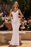 Amoris T732W Off-White Draped Corset Mermaid Gown with Scarf & Lace-Up Back