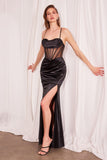 Ladivine Amoris T812 Long Fitted Sheer Bodice Cowl Neck Satin Prom Dress