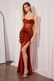 Ladivine Amoris T812 Long Fitted Sheer Bodice Cowl Neck Satin Prom Dress - sienna