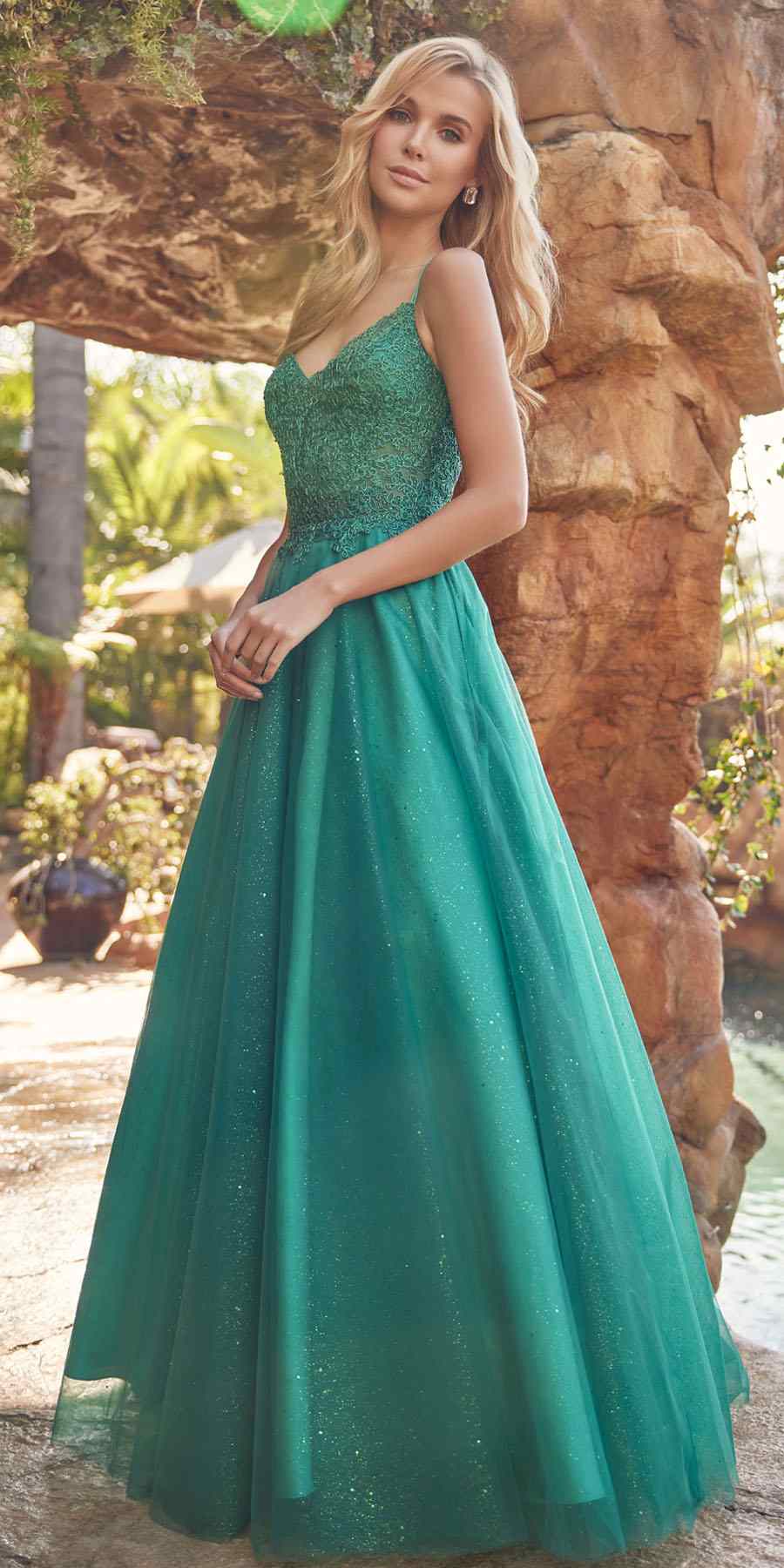 Juliet 268 Embroidered Sparkle Tulle Ball Gown Emerald Green XS
