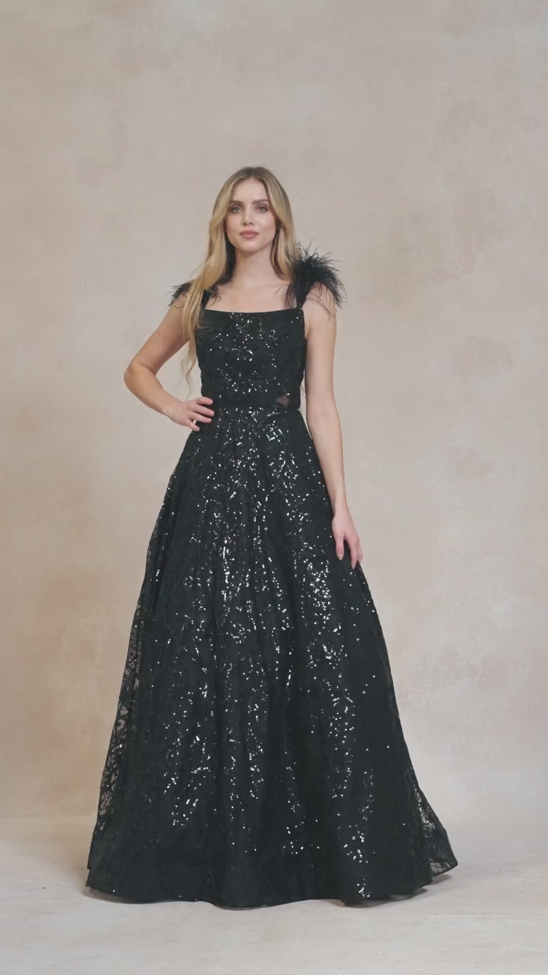 Juliet 297 Floor Length Feathered Cap Sleeve Patterned Sequin A-Line Gown