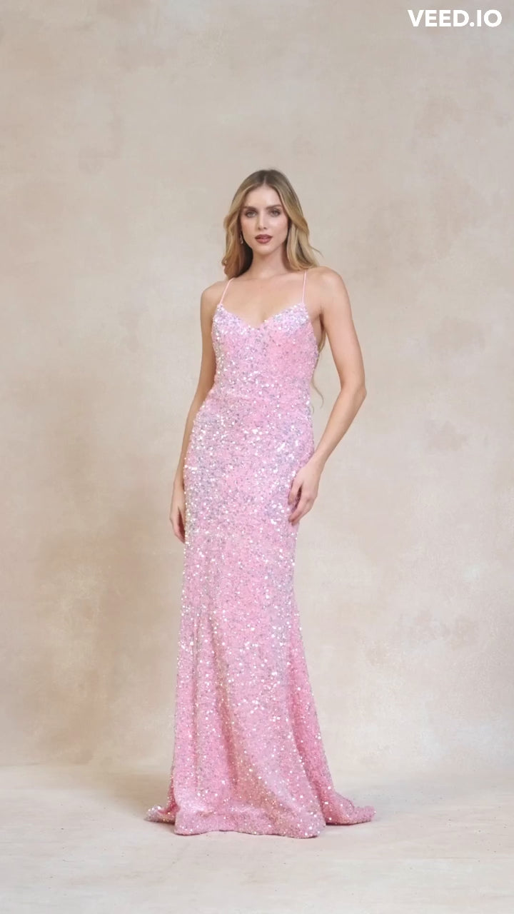 Juliet 2406 Velvet Sequin Fitted Gown V-Neckline Lace Up Back