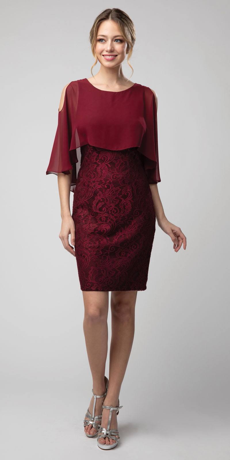 Lace Short Dress Burgundy with Cold-Shoulder Poncho
