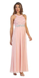 Blush Halter Long Formal Dress with Embellished Waist