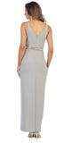 Silver Belted Faux-Wrap Style Long Formal Dress 
