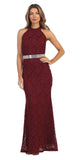 Glitter Lace Halter Long Formal Dress Burgundy