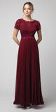 Burgundy Short Sleeved A-Line Long Formal Dress