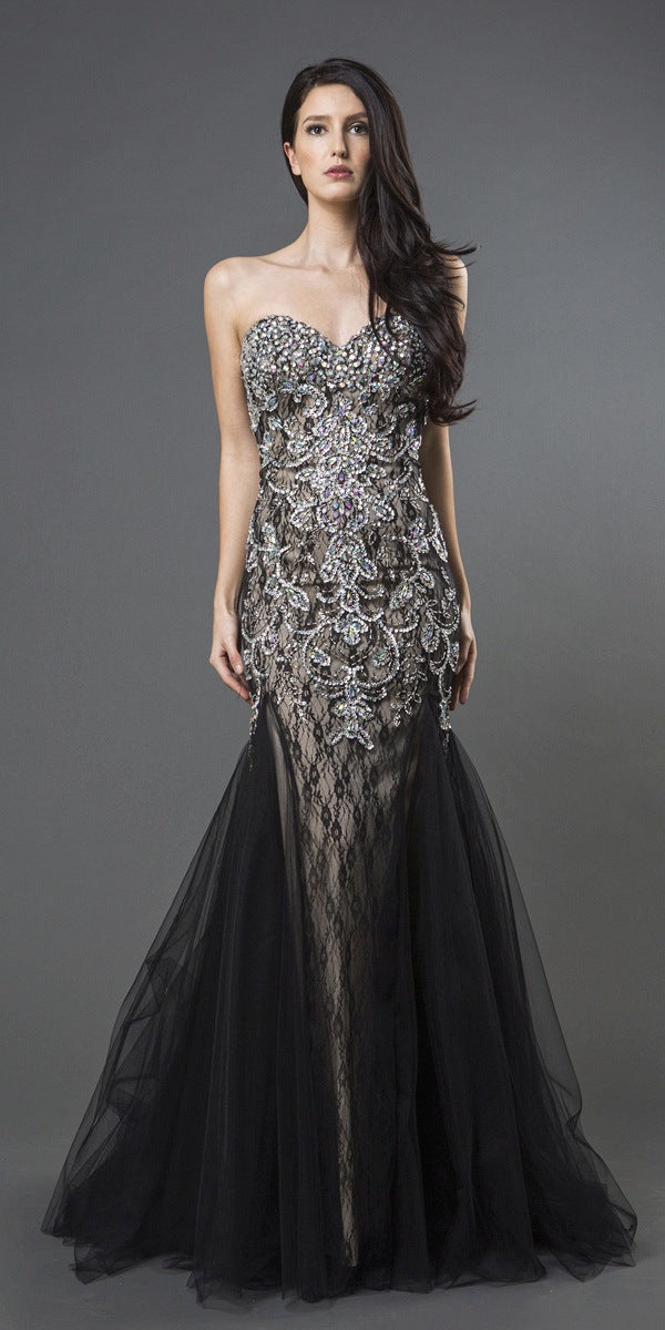 Black/Champagne Beaded Prom Gown Strapless